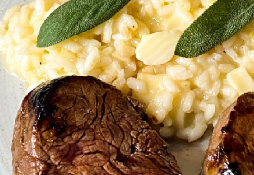 Risoto de Palmito com Posta Filé Mignon Grelhado